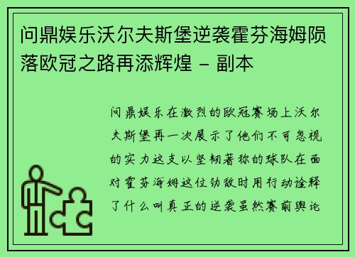 问鼎娱乐沃尔夫斯堡逆袭霍芬海姆陨落欧冠之路再添辉煌 - 副本